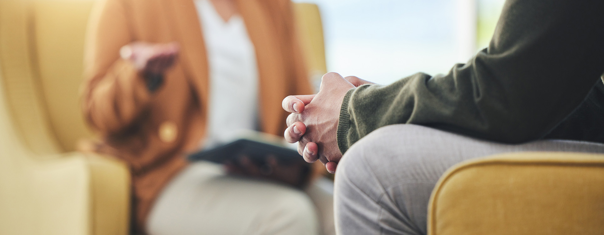 Image of counselor and patient conversing in an office setting